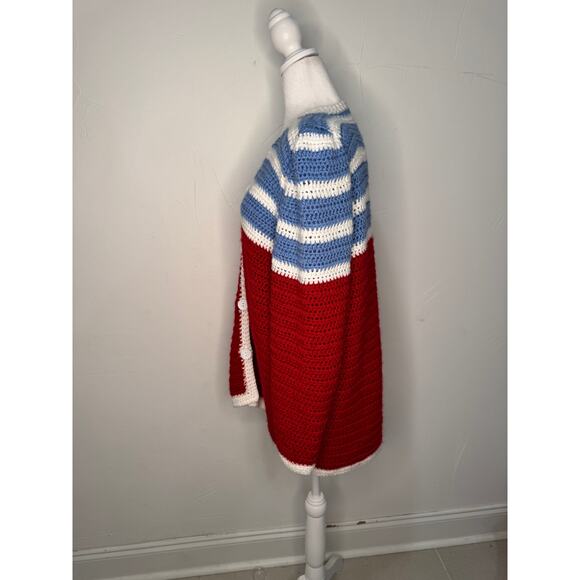 Hand Crocheted Cardigan Sweater Red, White and Blue. Size Large - Picture 4 of 8